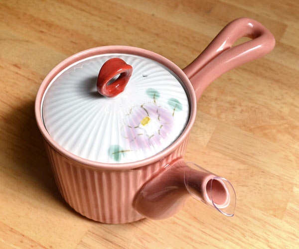 有田焼軽量急須 吹き椿(赤）横手